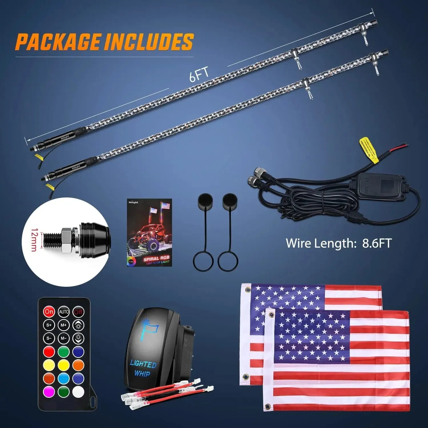 2Pcs 6FT Spiral Antenna Led Whip Light RF Remote Control | 8.6FT Wire 5Pin Switch
