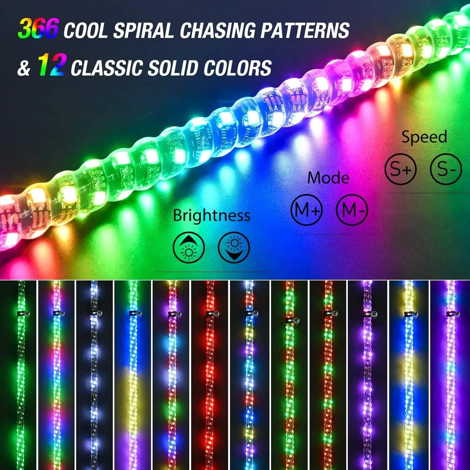 2Pcs 6FT Spiral Antenna Led Whip Light RF Remote Control | 8.6FT Wire 5Pin Switch