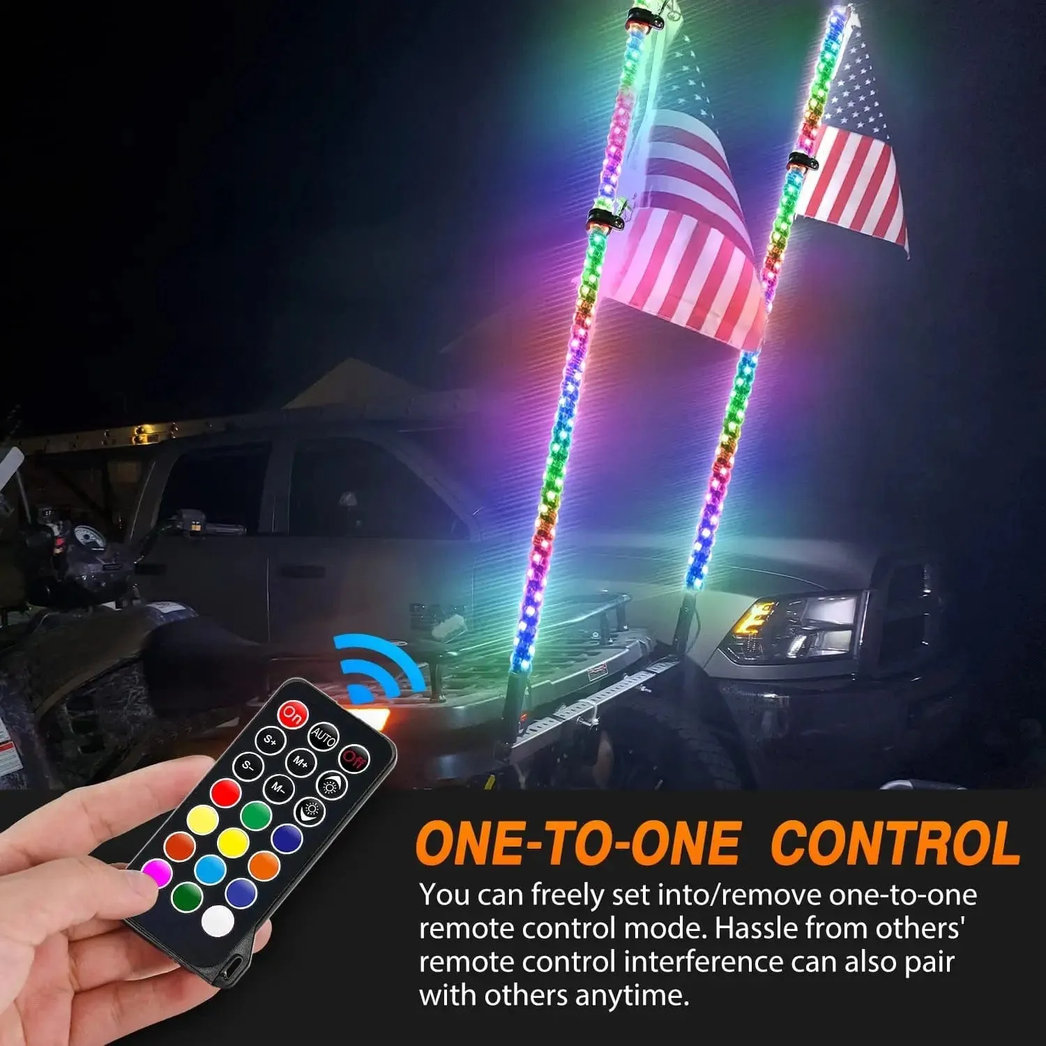 2Pcs 6FT Spiral Antenna Led Whip Light RF Remote Control | 8.6FT Wire 5Pin Switch
