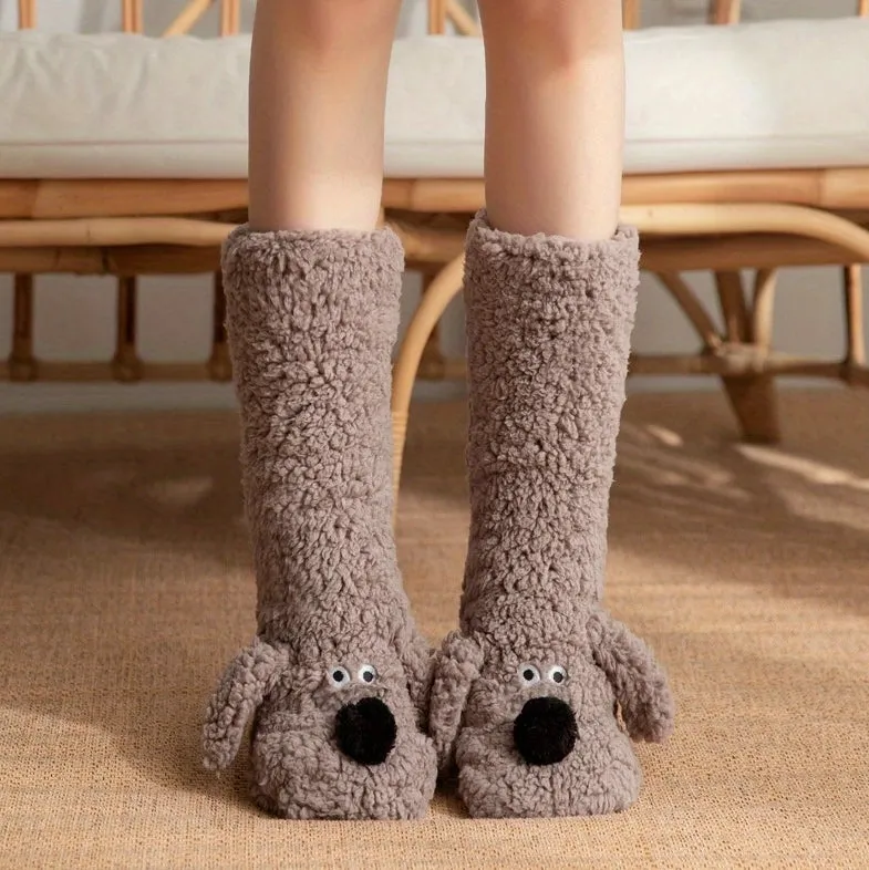 Cute Cartoon Dog Floor Socks Funny Socks Winter Warm Non-slip Plush Socks For Women