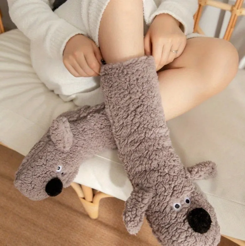 Cute Cartoon Dog Floor Socks Funny Socks Winter Warm Non-slip Plush Socks For Women