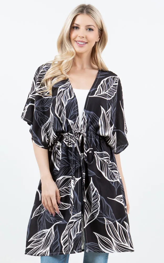 KP5515 Leaves Print Kimono Cover Up