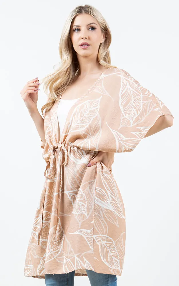 KP5515 Leaves Print Kimono Cover Up