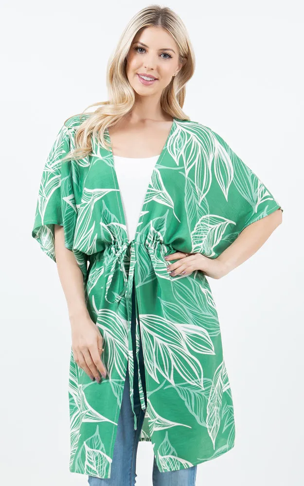 KP5515 Leaves Print Kimono Cover Up